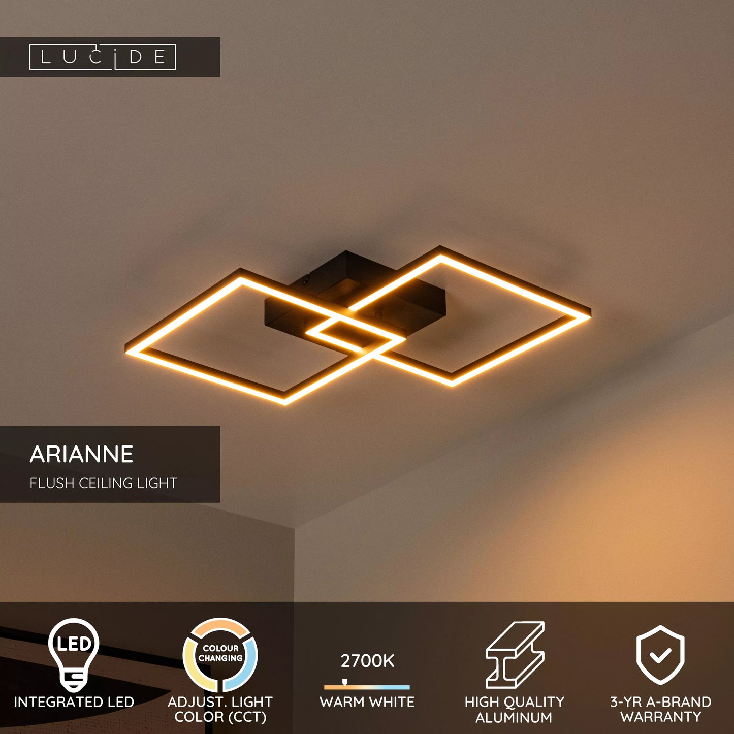Lucide ARIANNE - Flush ceiling light - LED - CCT - 1x23W 2700K/4000K - Black
