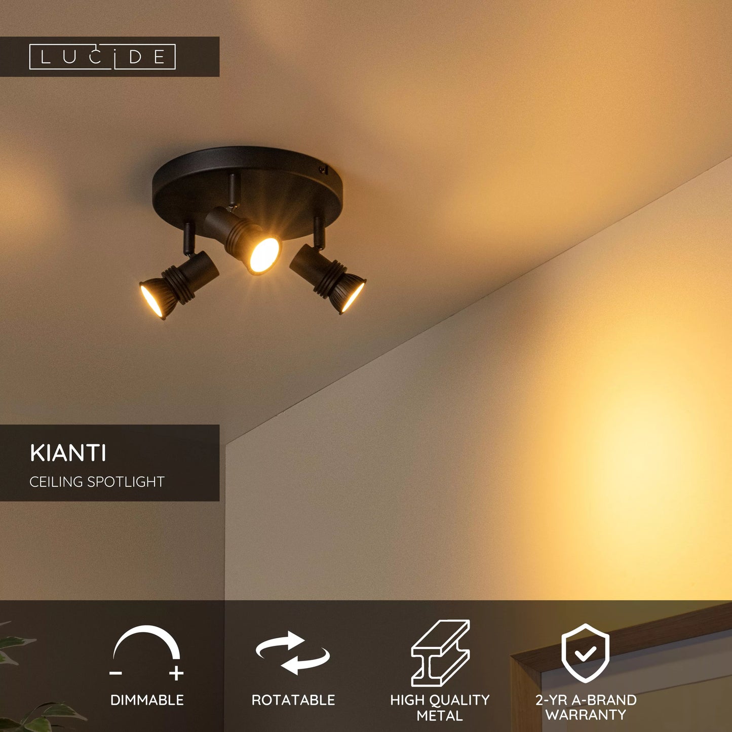 Lucide KIANTI - Ceiling spotlight - Ø 21 cm - 3xGU10 - Black