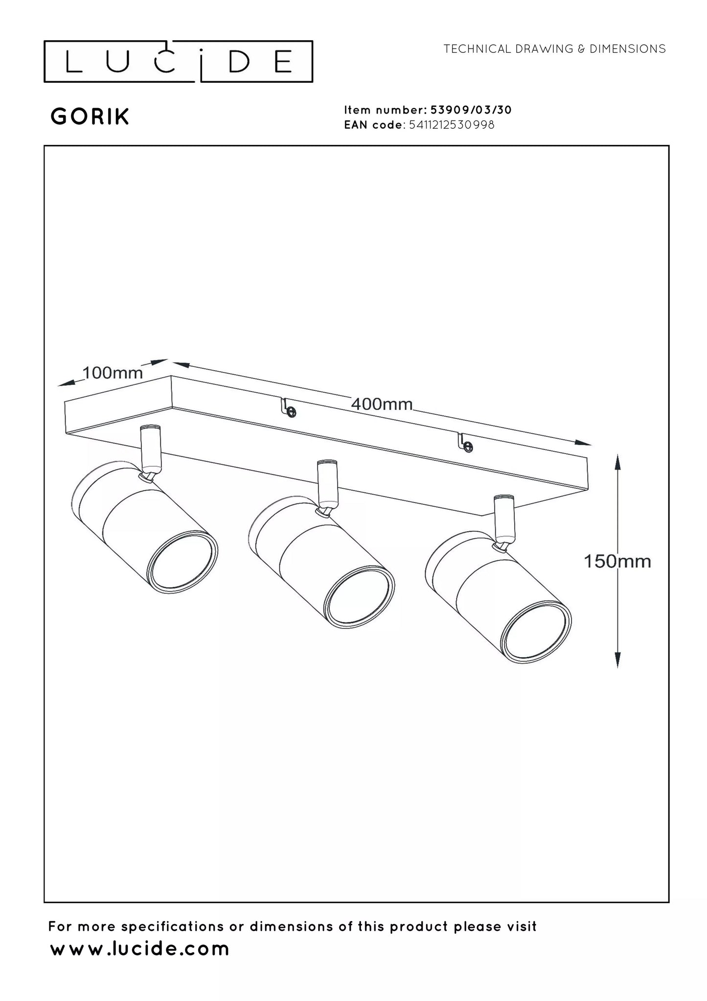 Lucide GORIK - Ceiling spotlight - 3xGU10 - Black