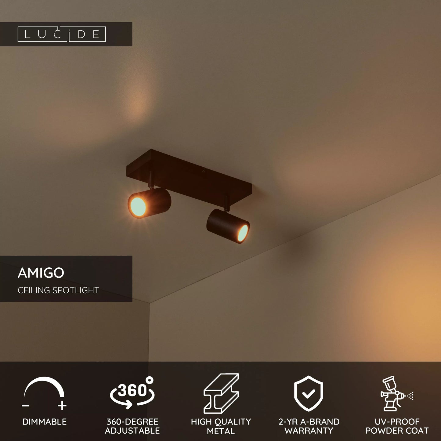 Lucide AMIGO - Ceiling spotlight - 2xGU10 - Black