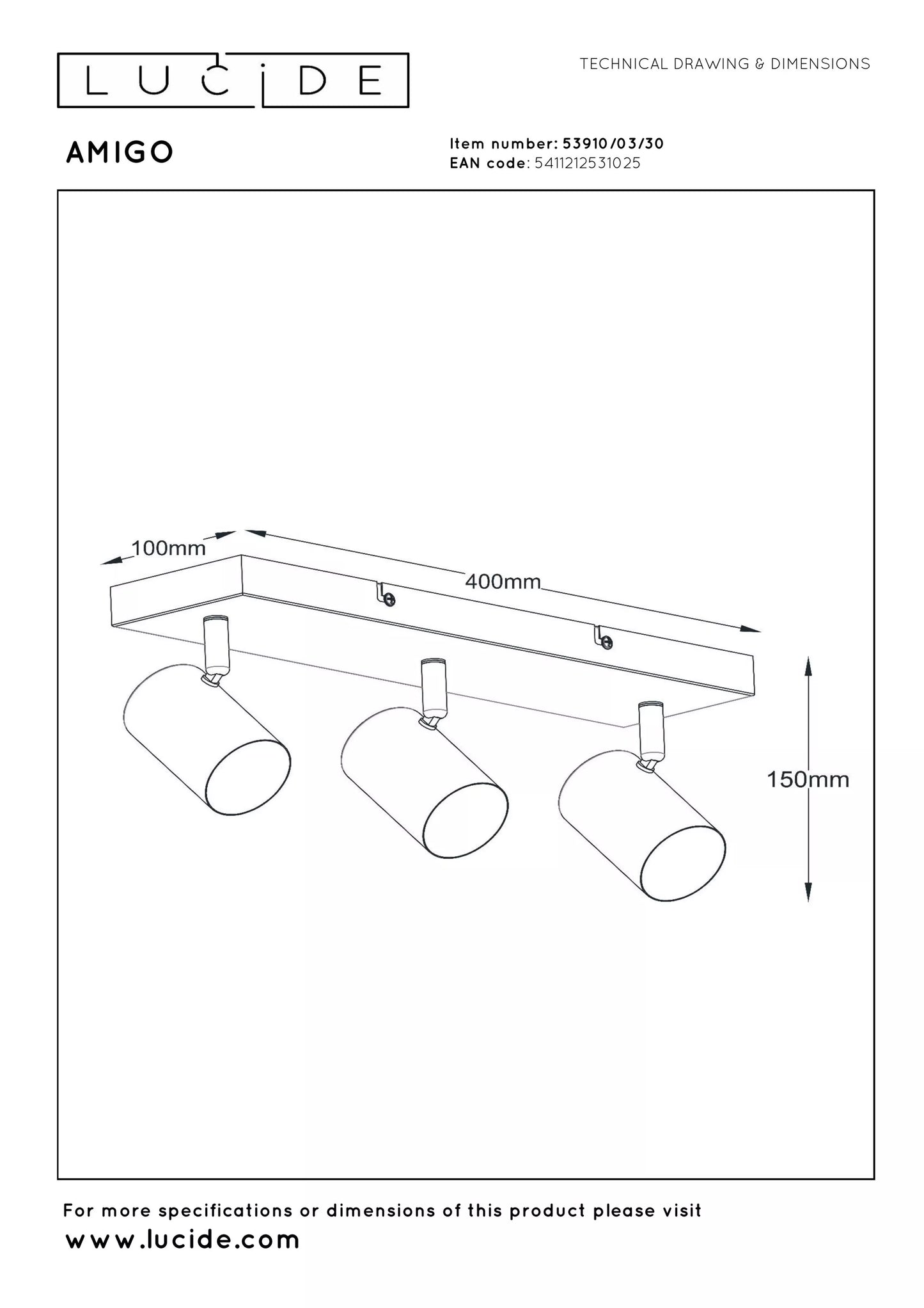 Lucide AMIGO - Ceiling spotlight - 3xGU10 - Black