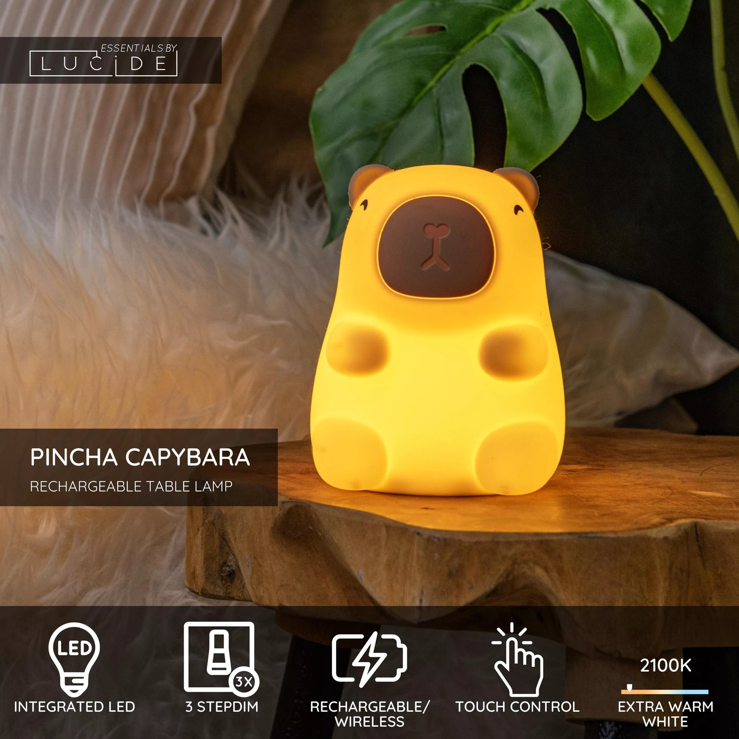 Lucide PINCHA CAPYBARA - Rechargeable Table lamp Children - Battery pack- LED 3 StepDim - 1x0,5W 2100K - Cream | Essential