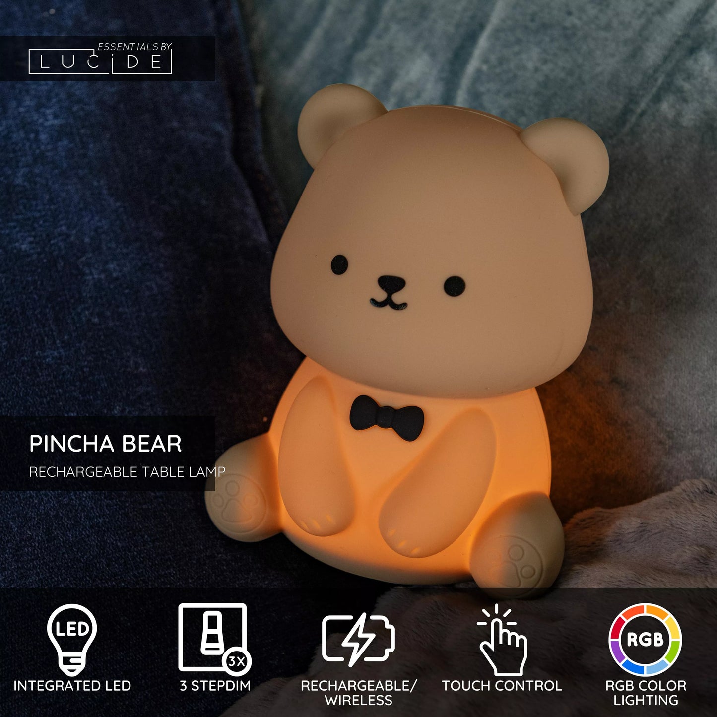 Lucide PINCHA BEAR - Rechargeable Table lamp Children - Battery pack- LED 3 StepDim - 1x0,5W 2100K - Rgb - Brown | Essential