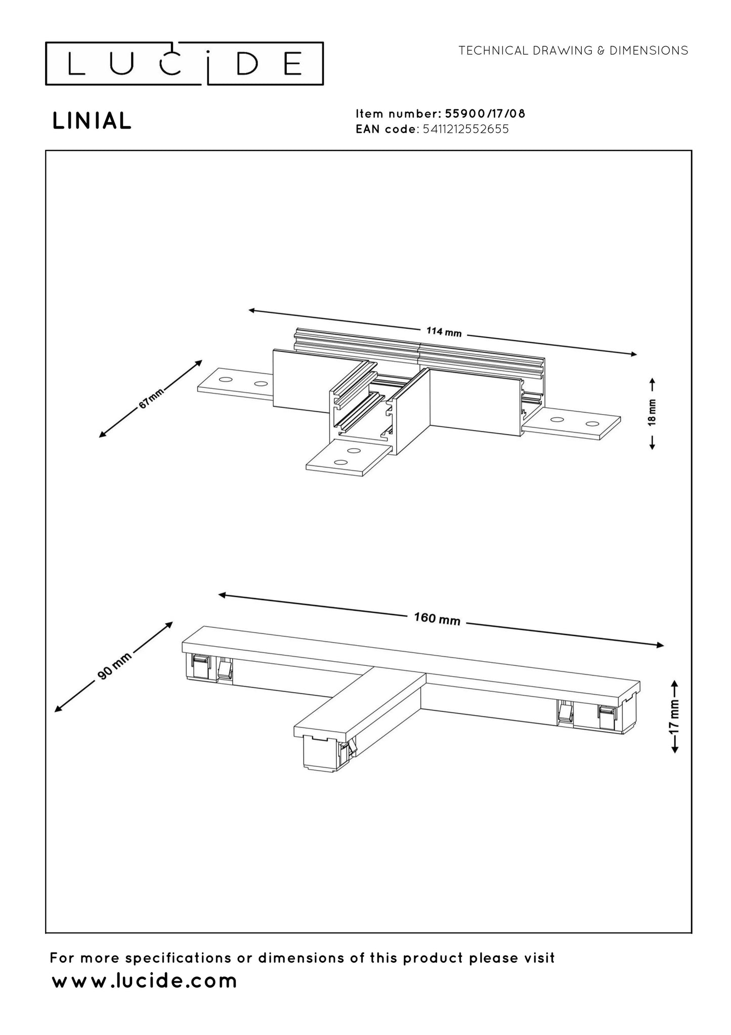Lucide Premium LINIAL T-connector - 1-Circuit lighting system - Smart - 48V Track - Satin Gun Metal