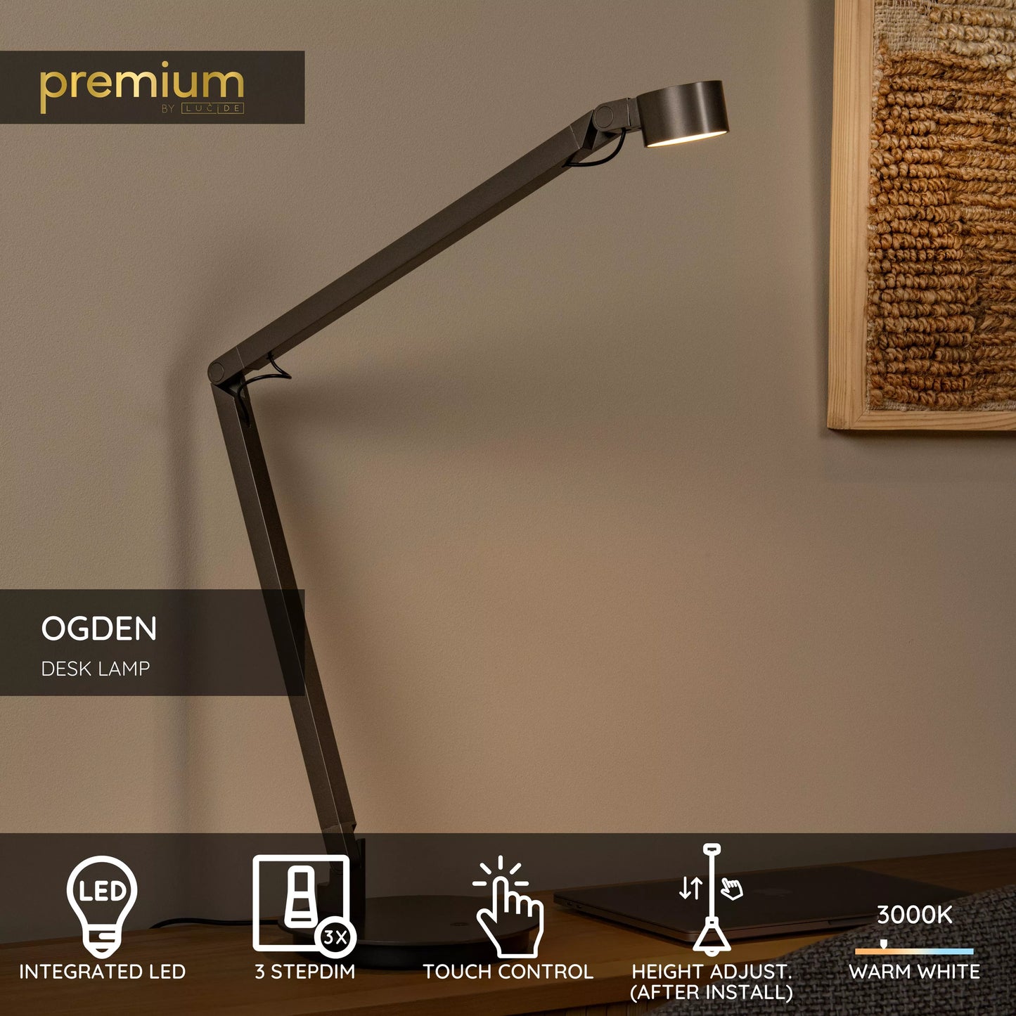 Lucide OGDEN - Desk lamp- LED 3 StepDim - 1x7W 3000K - Grey iron | Premium