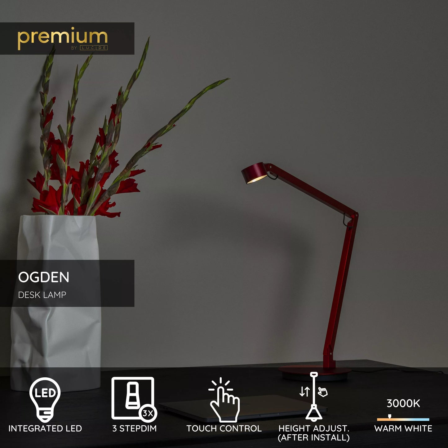 Lucide OGDEN - Desk lamp- LED 3 StepDim - 1x7W 3000K - Red | Premium