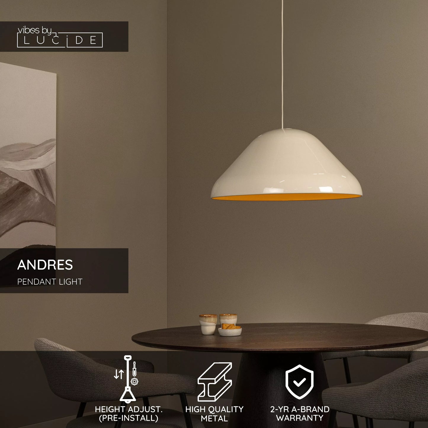 Lucide ANDRES - Pendant light - Ø 56 cm - 1xE27 - Cream | Vibes