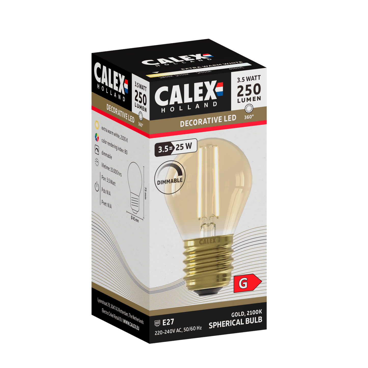 Calex Warm Filament LED Lamp - E27 - P45 - Gold - 3.5W - Dimmable