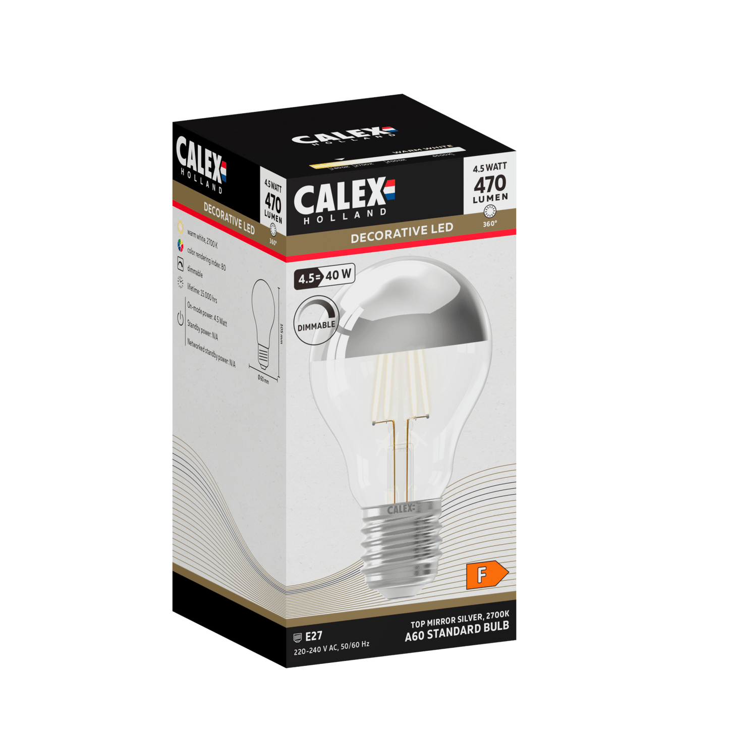 Calex Top Mirror Bulb - E27 - Filament - A60 - Chrome - 4.5W -Dimmable
