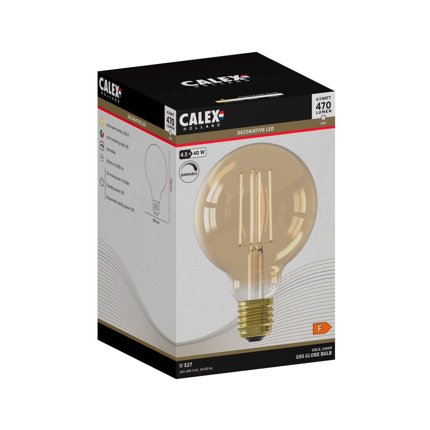 Calex Warm Filament LED Lamp - E27 - G95 - Gold - 4.5W - Dimmable