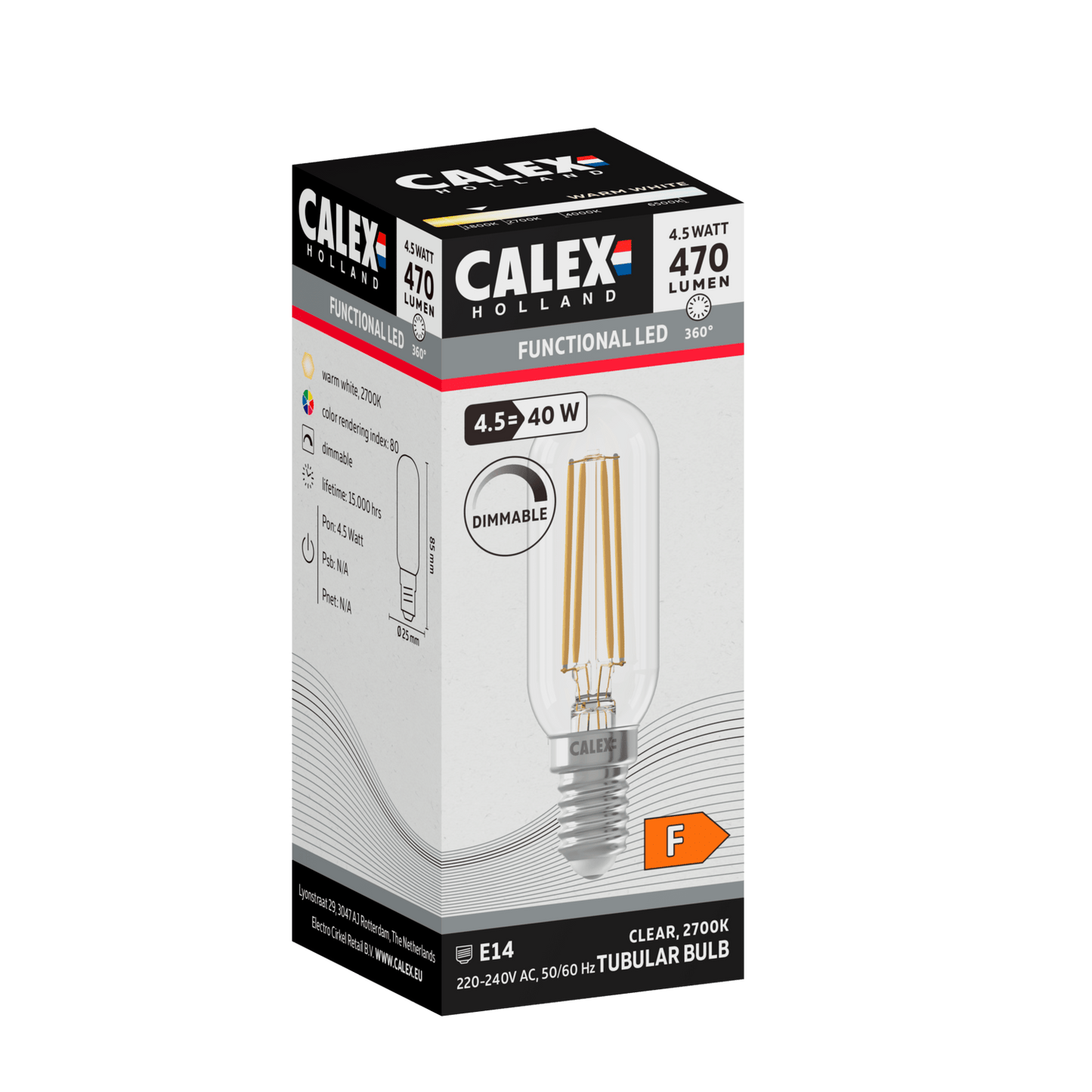 Calex Filament LED Lamp - E14 - T26 - Clear - 4.5W - Dimmable