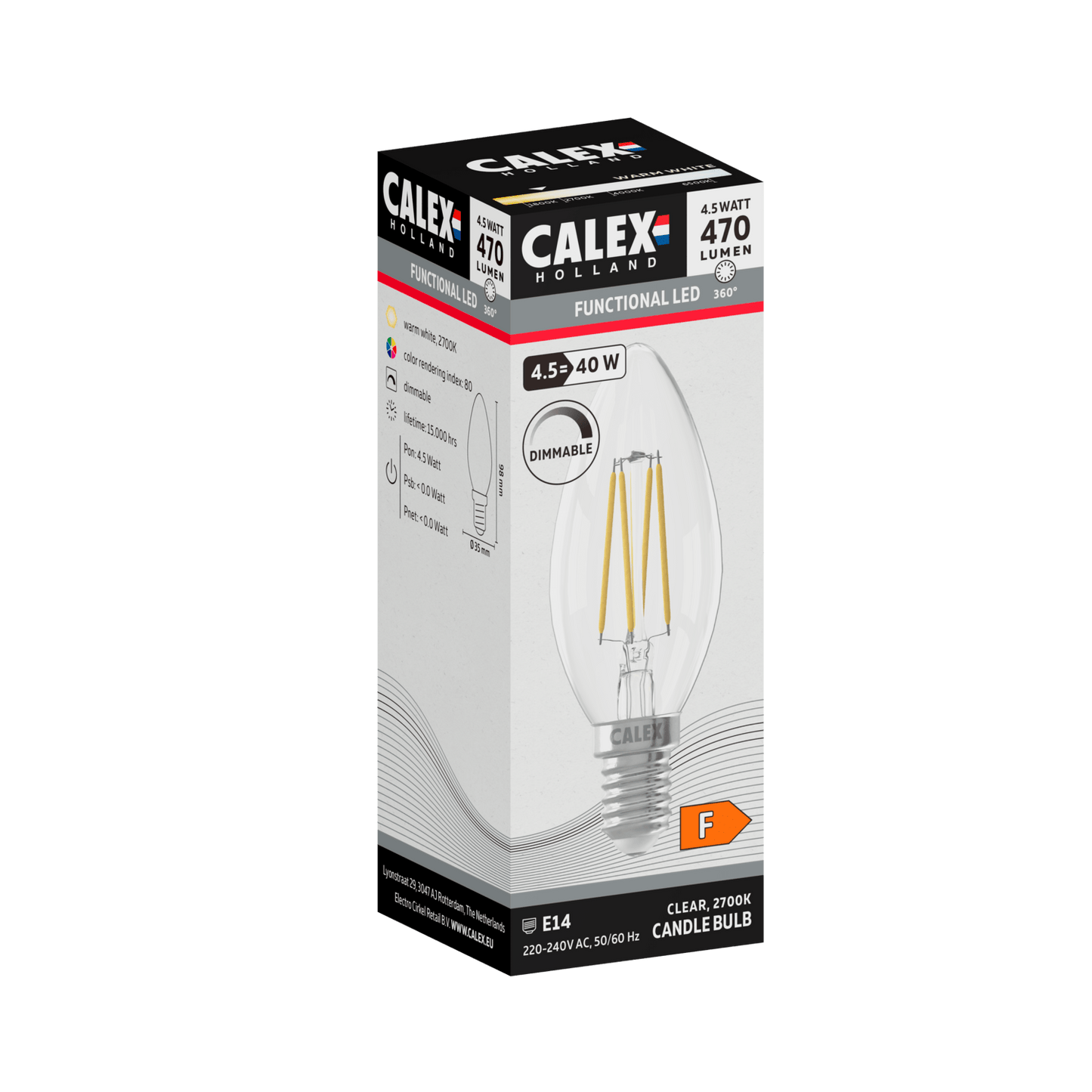 Calex Filament LED Lamp - E14 - B35 - Clear - 4.5W - Dimmable
