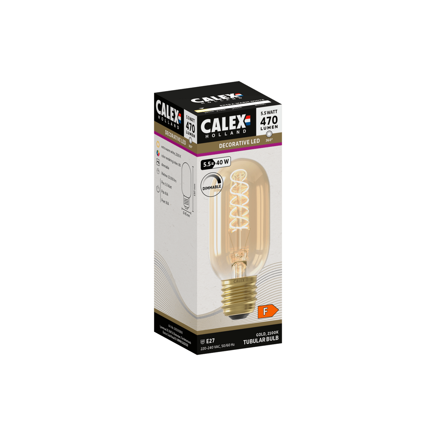 Calex Flex Filament LED Lamp - E27 - T45 - Gold - 5.5W - Dimmable