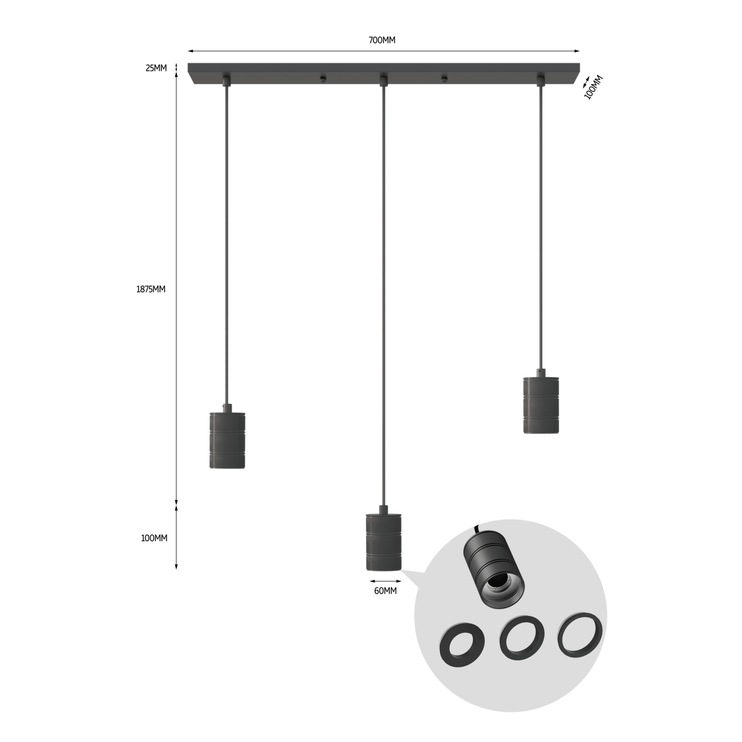 Calex Pendant Light - 3x E27 - 10 x 70 cm - Black