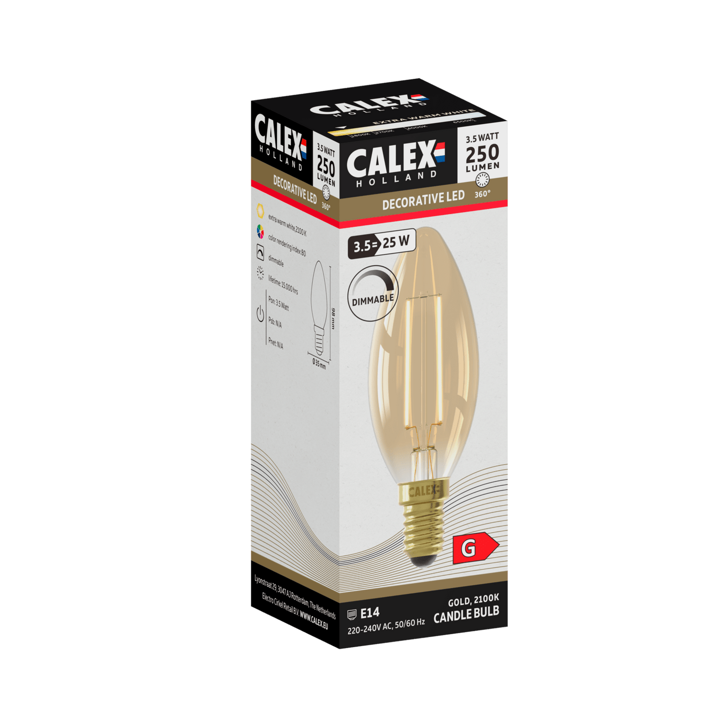 Calex Warm Filament LED Lamp - E14 - B35 - Gold - 3.5W - Dimmable