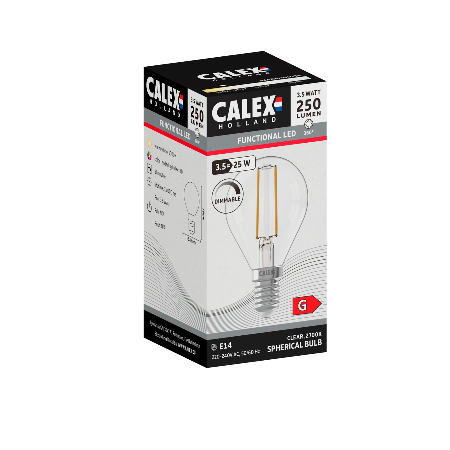 Calex Filament LED Lamp - E14 - P45 - Clear - 3.5W - Dimmable