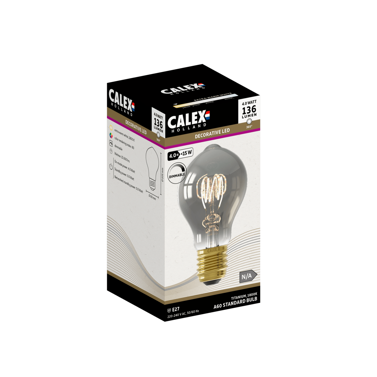 Calex Flex Filament LED Lamp - E27 - A60 - Titanium - 4W - Dimmable