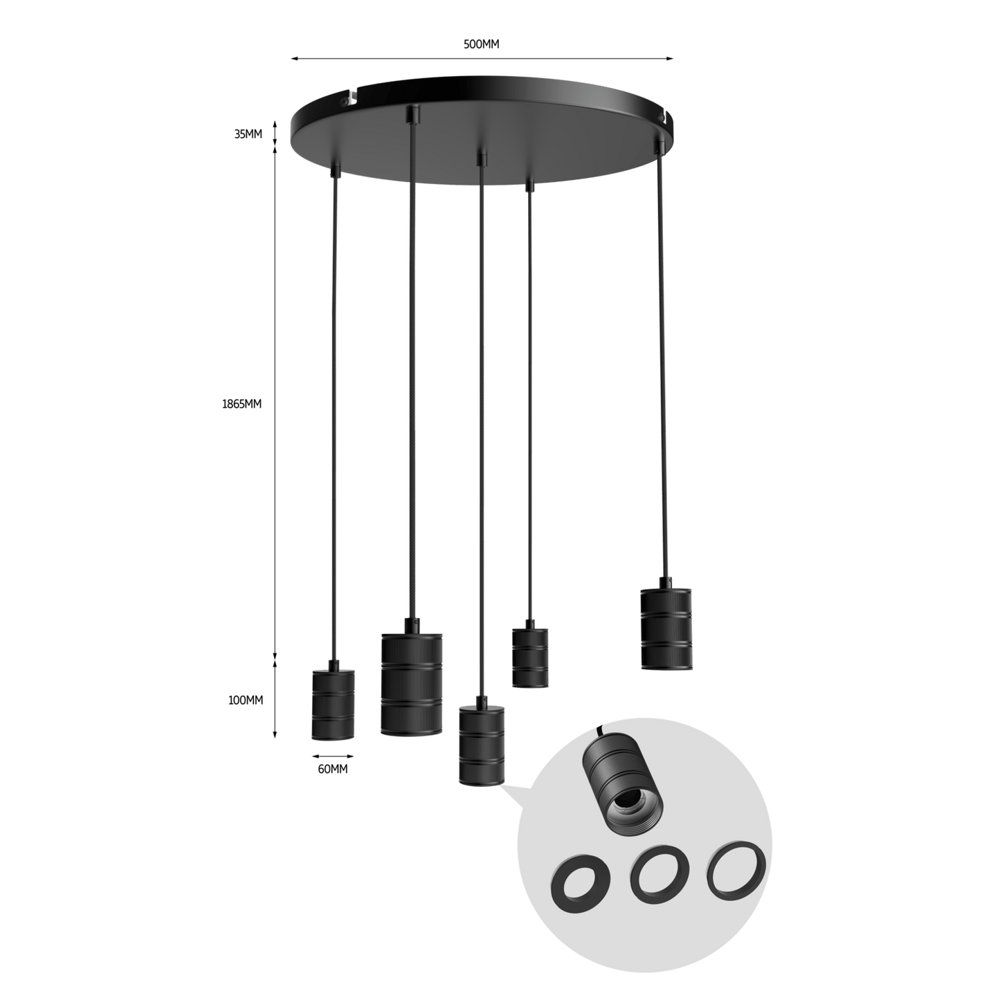 Calex Pendant Light - 5x E27 - Black - 50cm