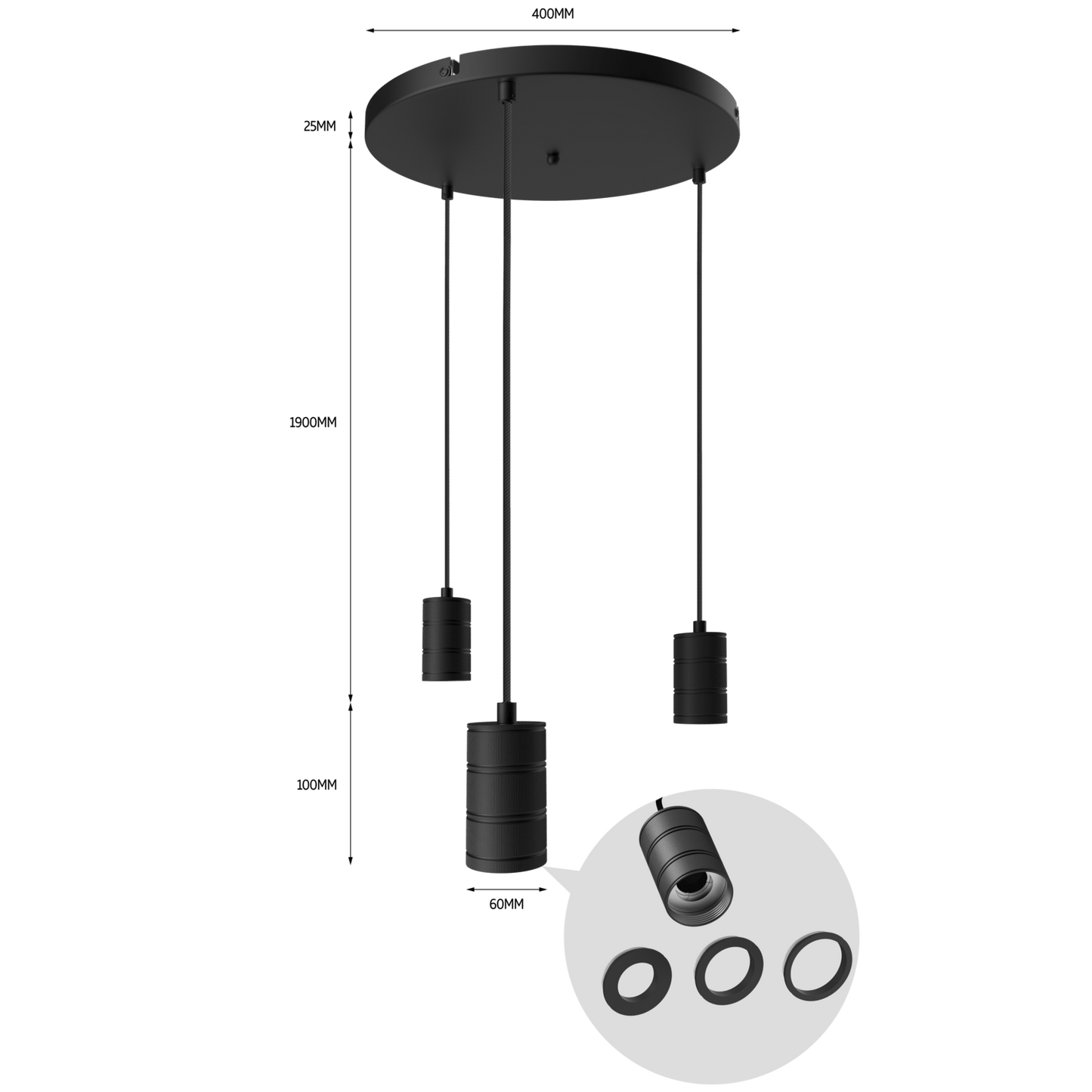 Calex Hanging Lamp Round - 3x E27 - 400mm - Black