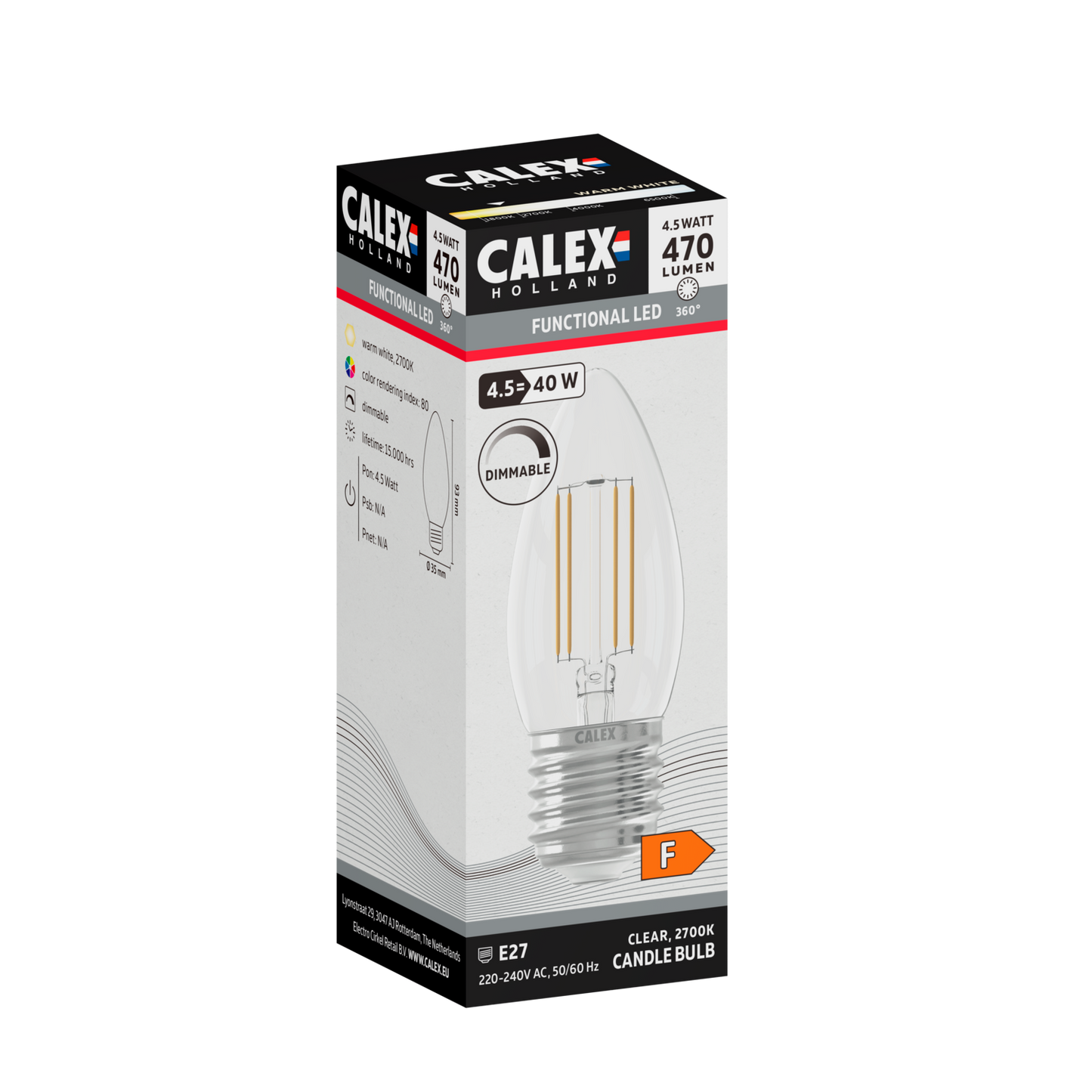 Calex Filament LED Lamp - E27 - B35 - Clear - 4.5W - Dimmable