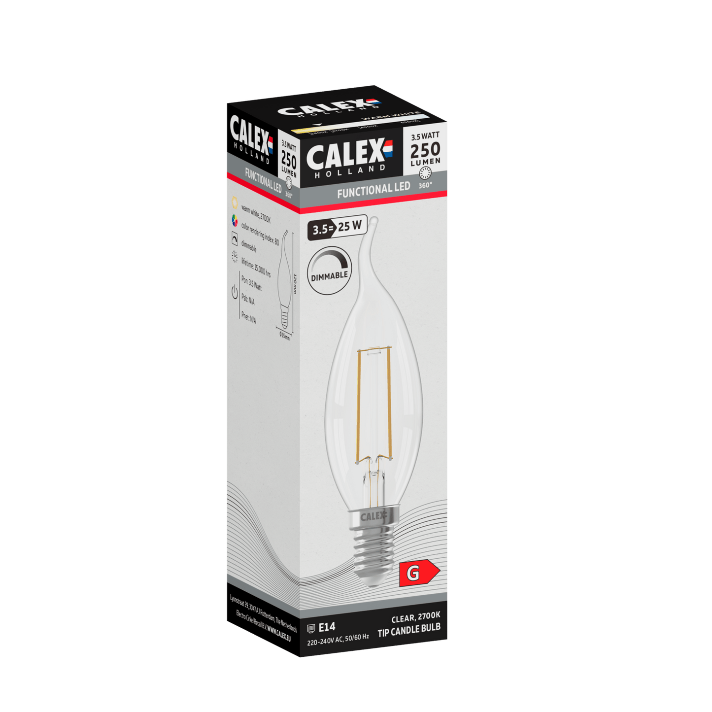 Calex Filament LED Lamp - E14 - BXS35 - Clear - 3.5W - Dimmable