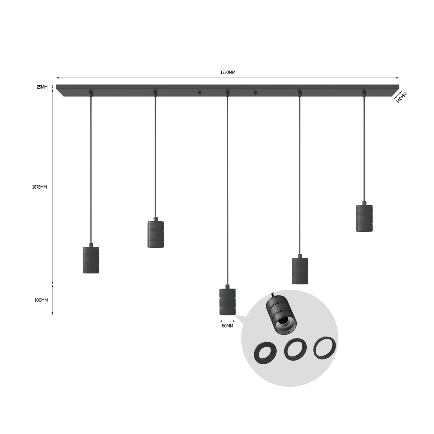 Calex Hanging Lamp - 5x E27 - 14 x 130 cm - Black