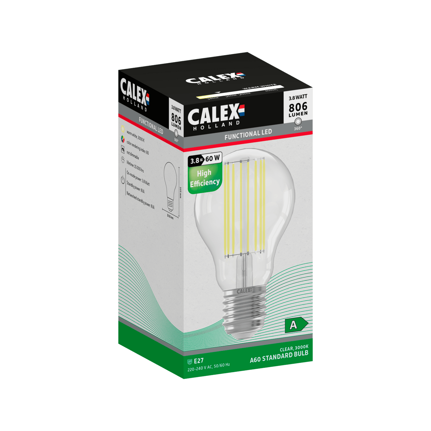 Calex Filament LED Lamp - E27 - A60 - Clear - 3.8W - High Efficiency