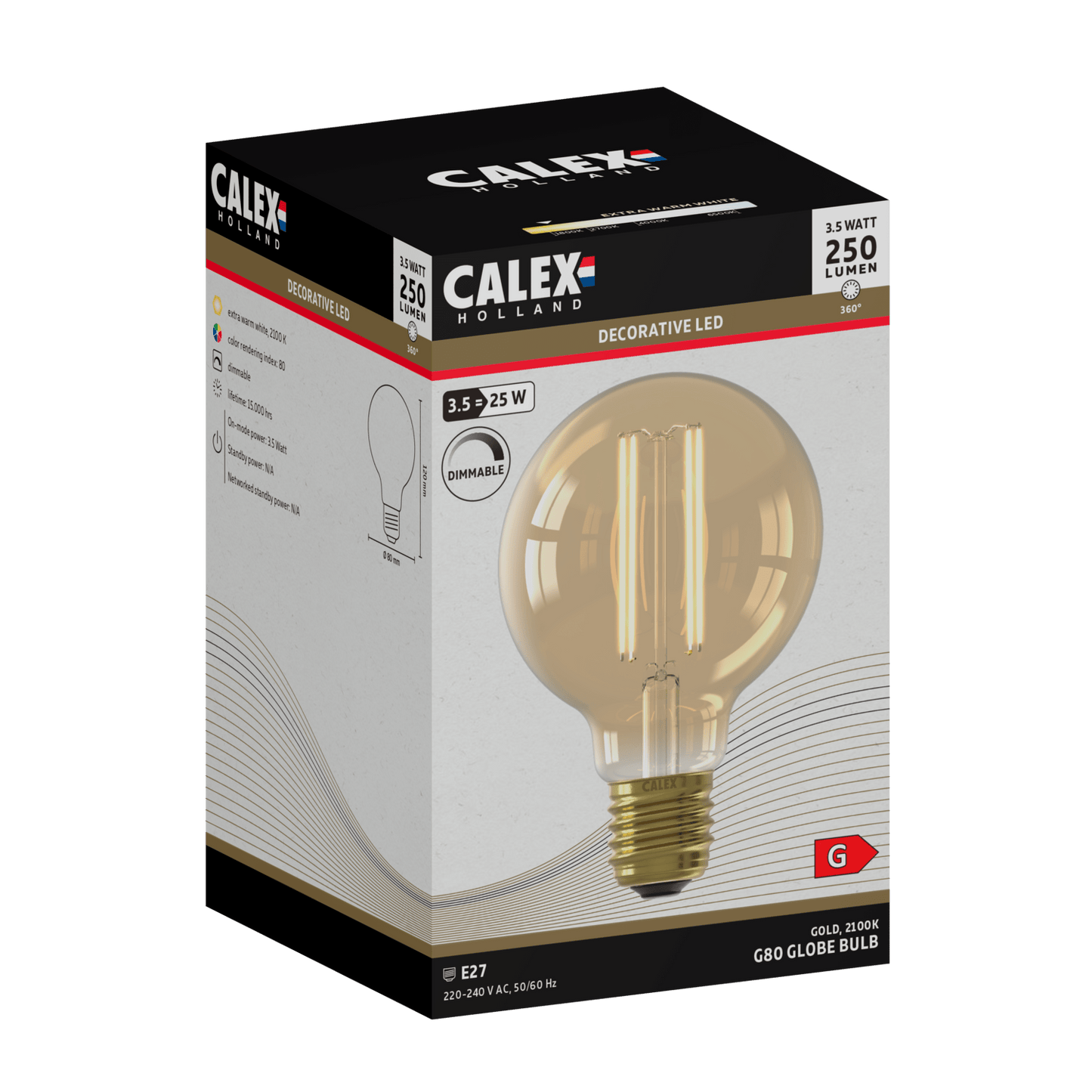 Calex Warm Filament LED Lamp - E27 - G80 - Gold - 3.5W - Dimmable