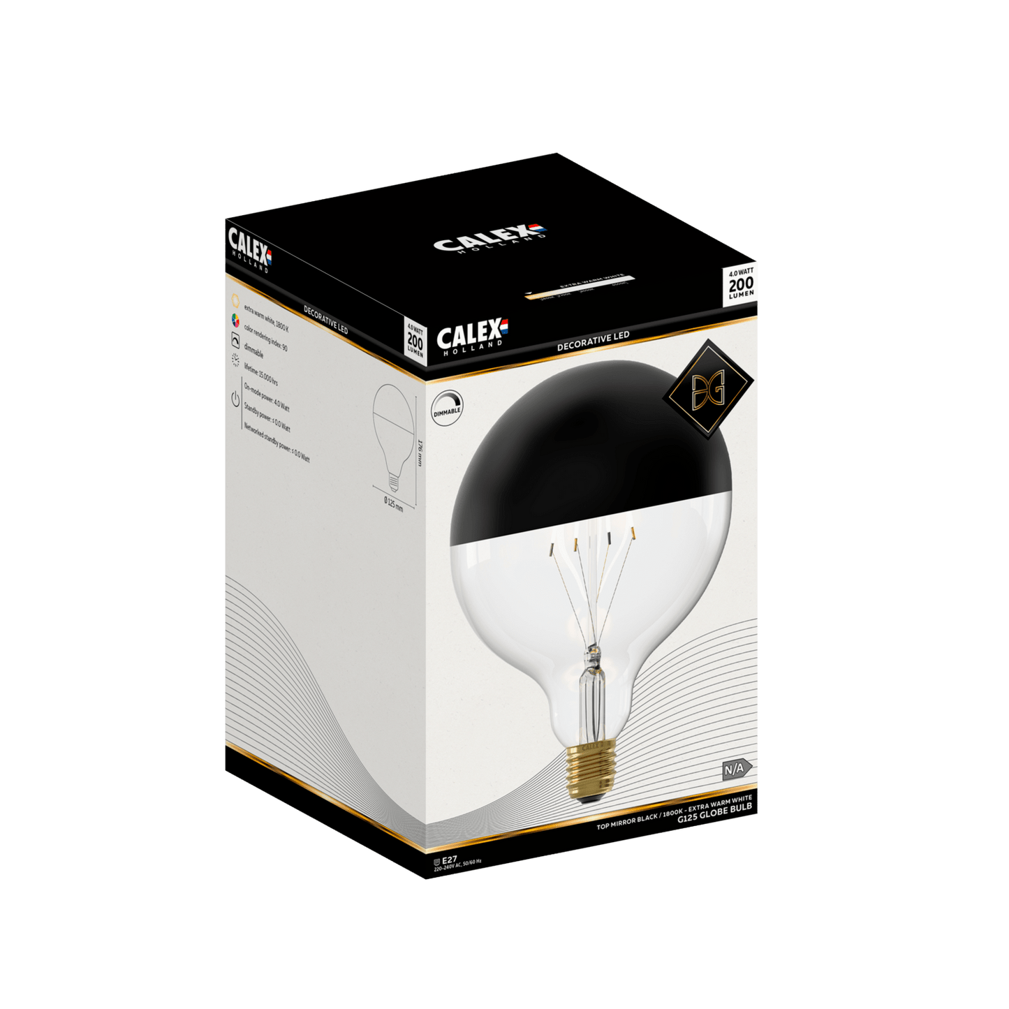 Calex Top mirror Bulb - E27 - Filament - G125 - Black - WarmWhite - 4W