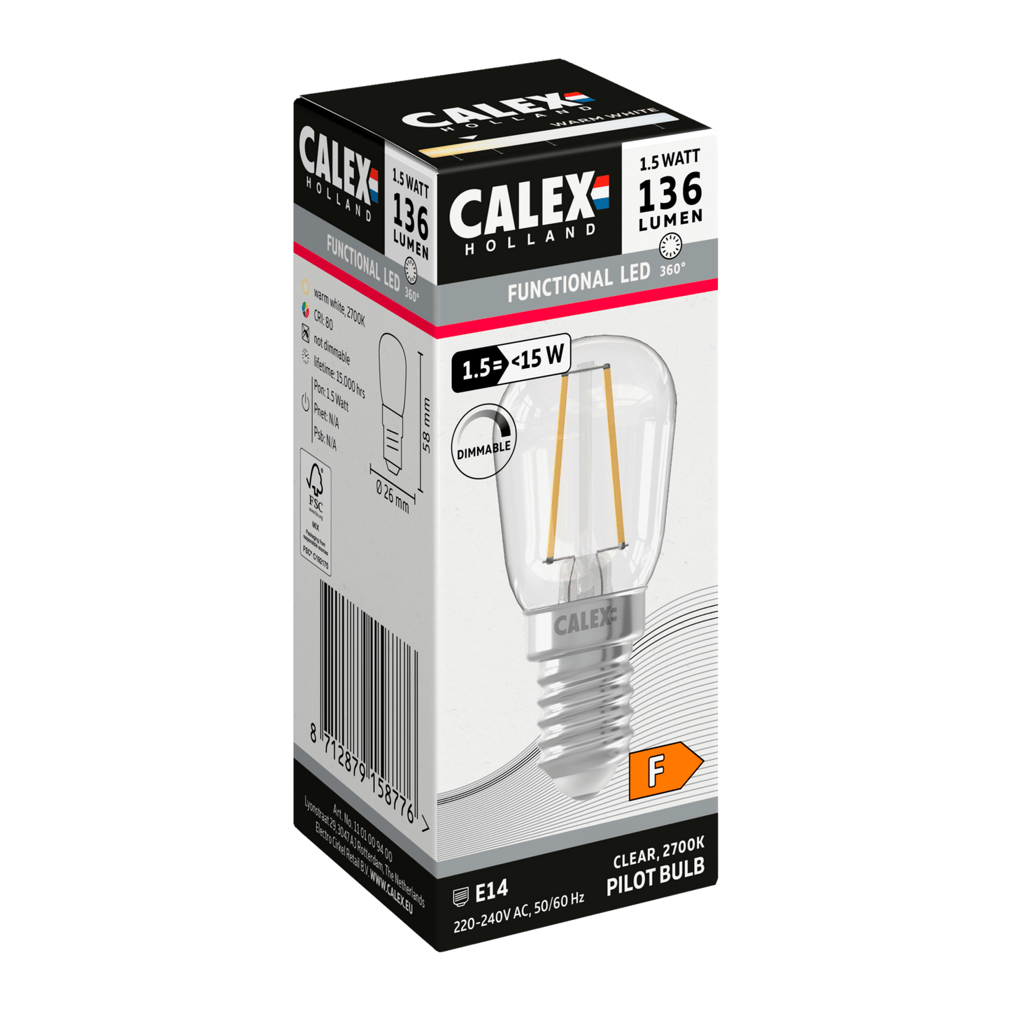 Calex Filament LED Lamp - E14 - T26 - Clear - 1.5W - Dimmable