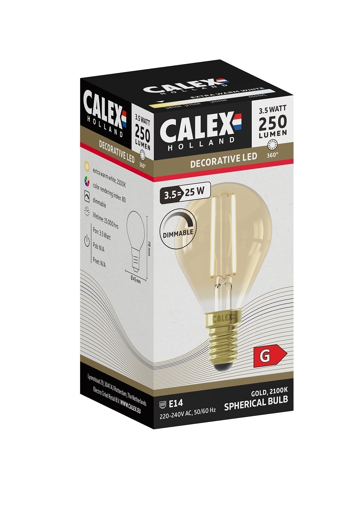 Calex Warm Filament LED Lamp - E14 - P45 - Gold - 3.5W - Dimmable