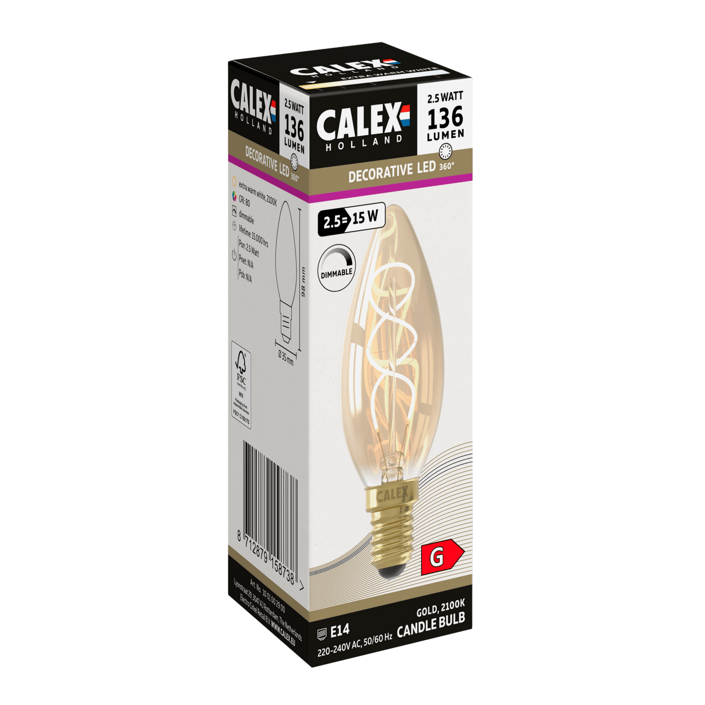 Calex Spiral Filament LED Lamp - E14 - B35 - Gold - 2.5W - Dimmable