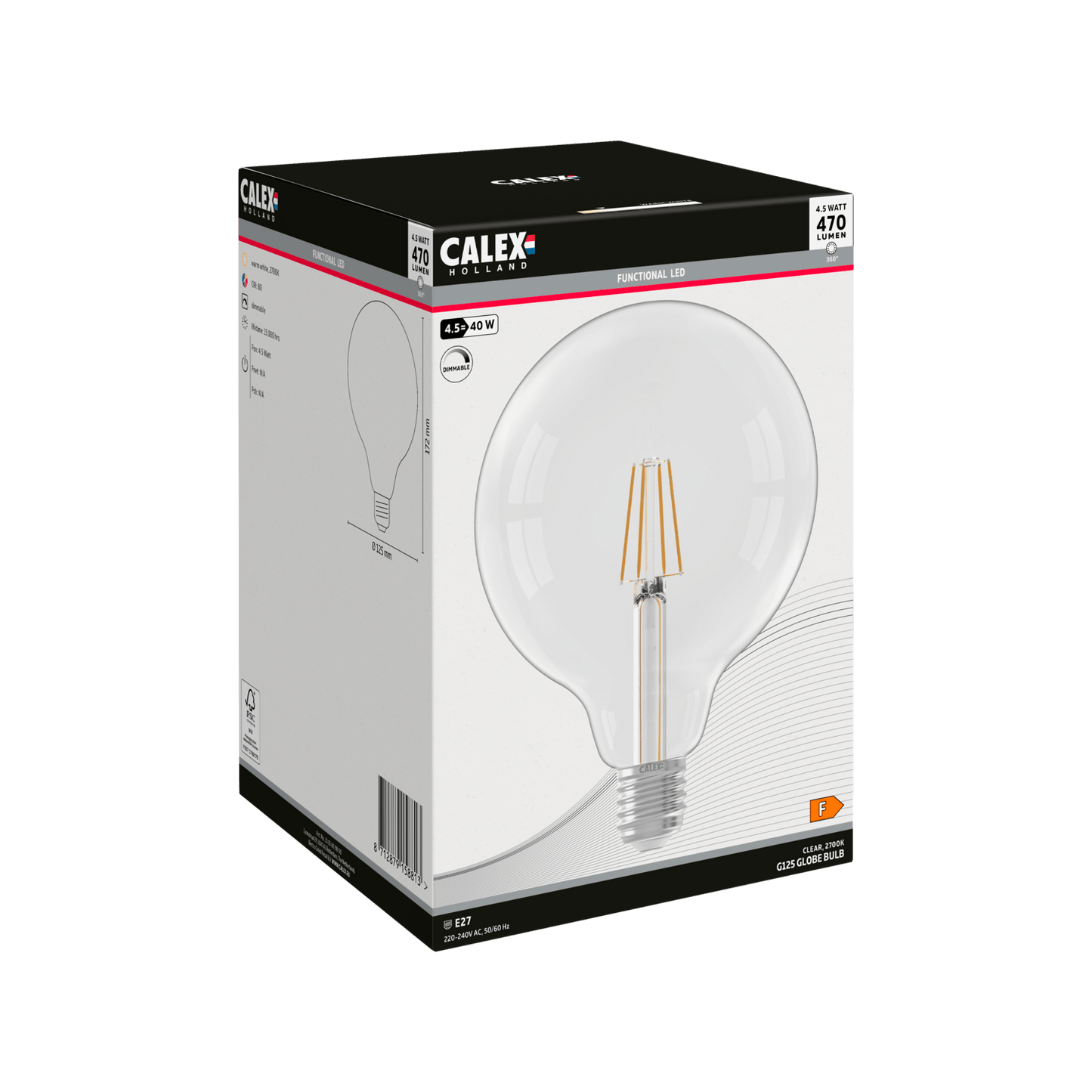 Calex Filament LED Lamp - E27 - G125 - Clear - 4.5W - Dimmable