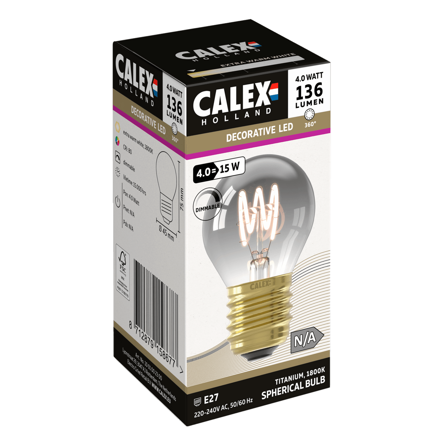 Calex Flex Filament LED Lamp - E27 - P45 - Titanium - 4W - Dimmable