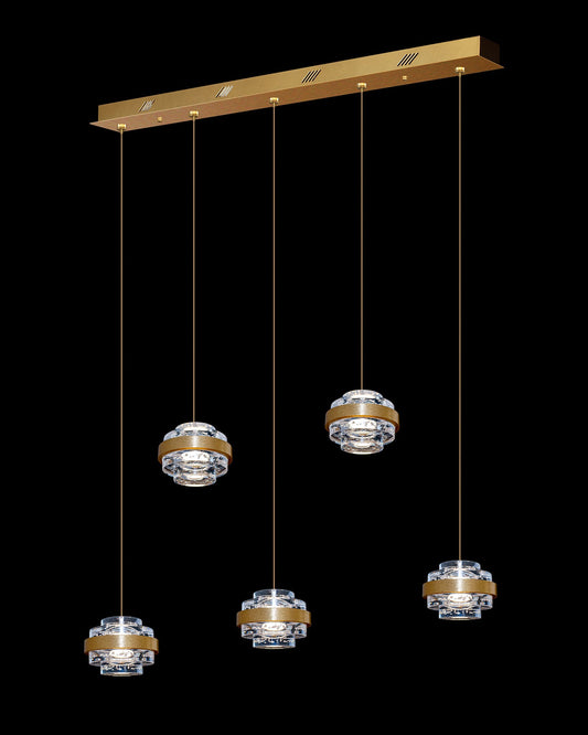 Geo LED 5Lt Bar Clear Pendant Brushed Gold Dimmable Light