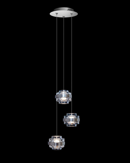 Geo LED 3Lt Round Clear Pendant Satin Nickel Dimmable Light