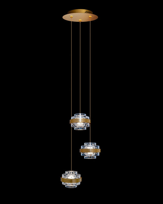 Geo LED 3Lt Round Clear Pendant Brushed Gold Dimmable Light