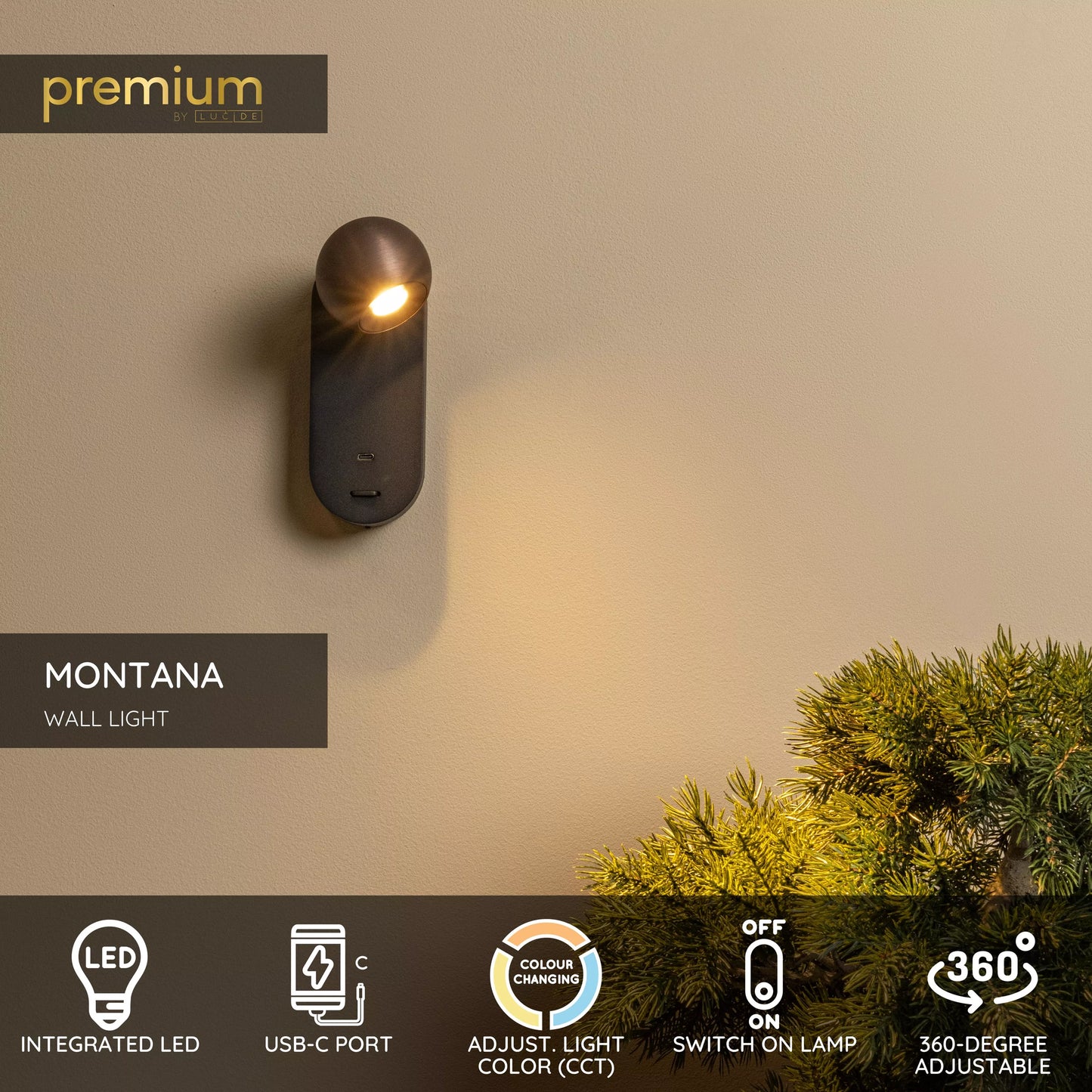 Lucide MONTANA - Wall light - LED - CCT - 1x6,3W 2700K/4000K - With USB charging point - Coffee | Premium
