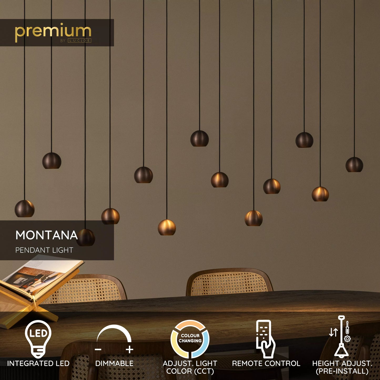 Lucide MONTANA - Pendant light - LED Dim. - CCT - 13x5,7W 2700K/4000K - Suitable for double-height spaces and high ceiling - Coffee | Premium