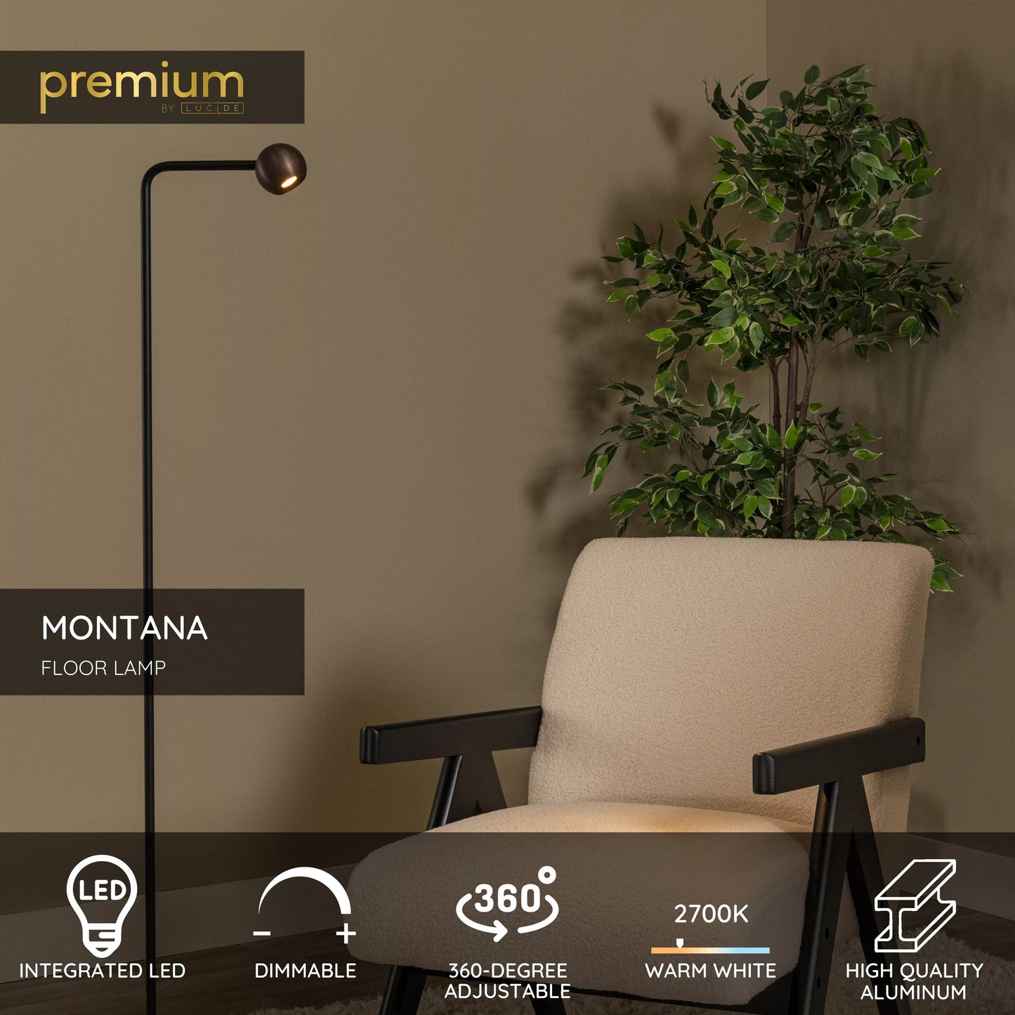 Lucide MONTANA - Floor lamp - LED Dim. - 1x6,3W 2700K - Coffee | Premium