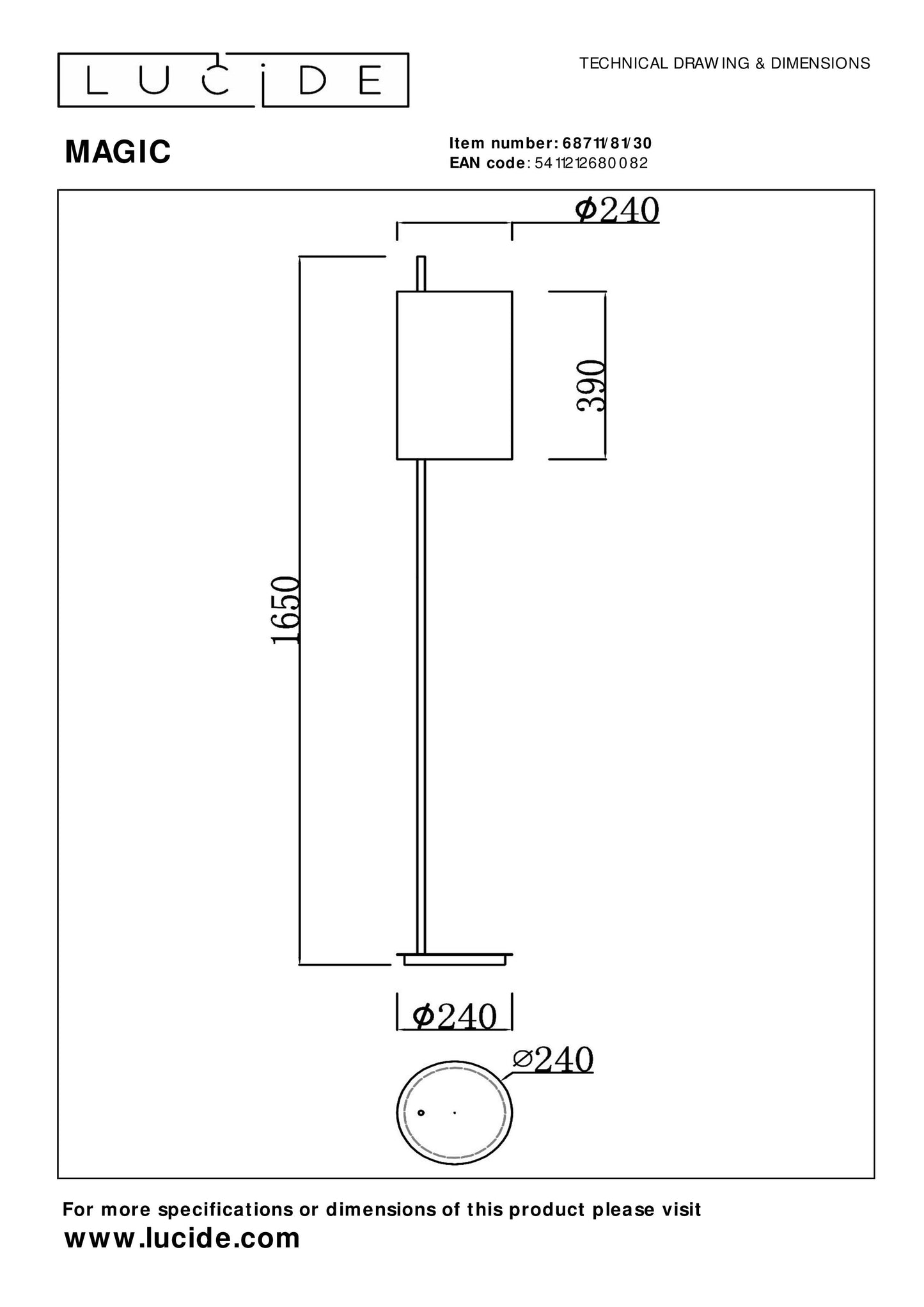 Lucide MAGIC - Floor lamp - Ø 24 cm - 1x E27 - Black