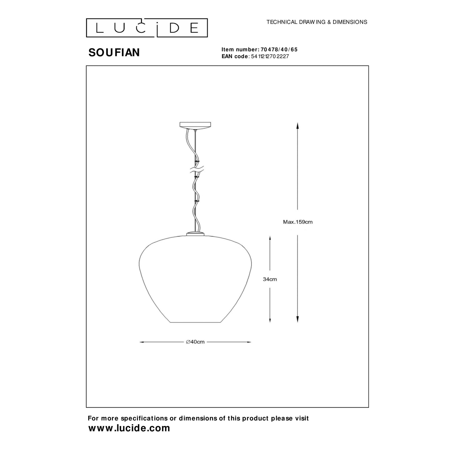 Lucide SOUFIAN - Pendant light - Ø 40 cm - 1xE27 - Smoke Grey