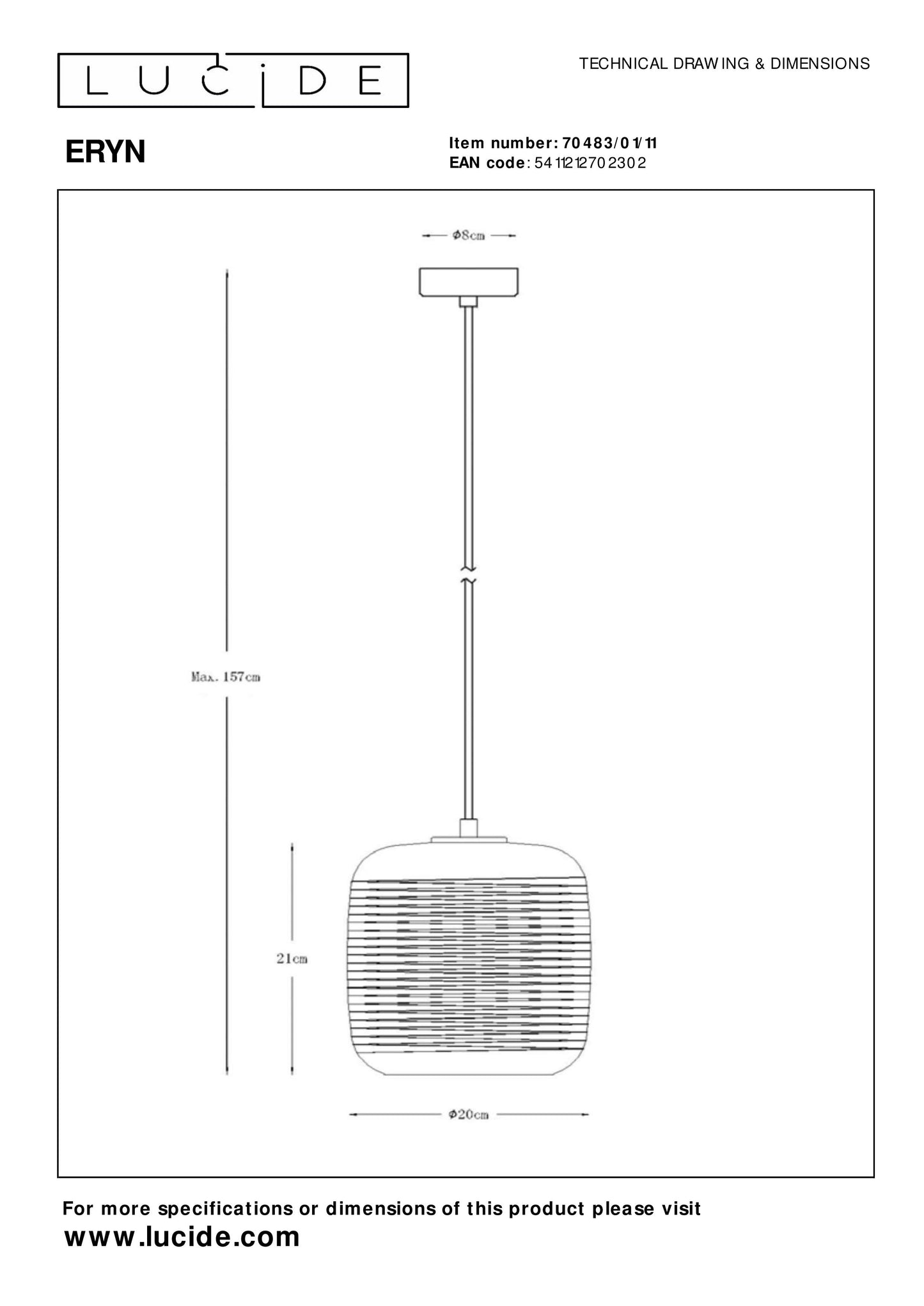 Lucide ERYN - Pendant light - Ø 20 cm - 1xE27 - Chrome