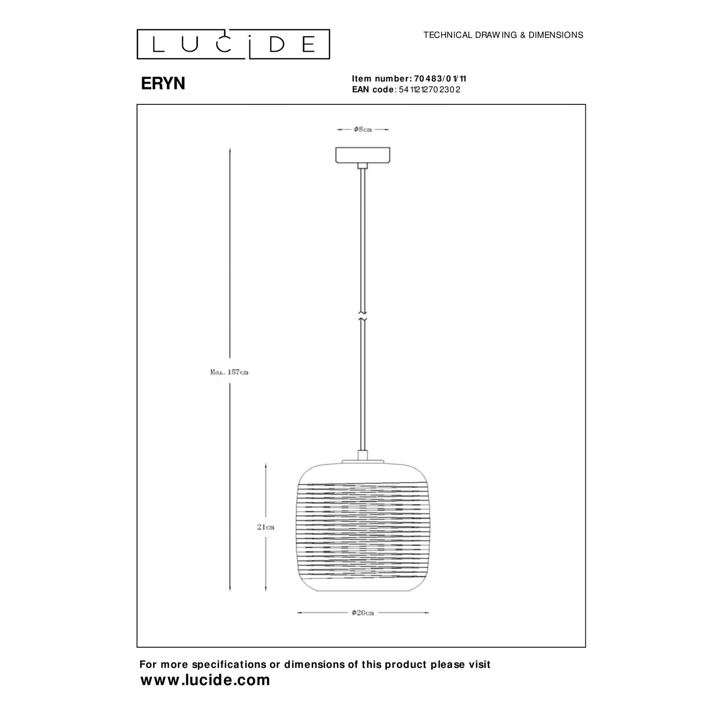 Lucide ERYN - Pendant light - Ø 20 cm - 1xE27 - Chrome