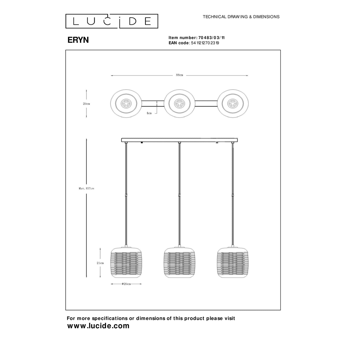 Lucide ERYN - Pendant light - 3xE27 - Chrome