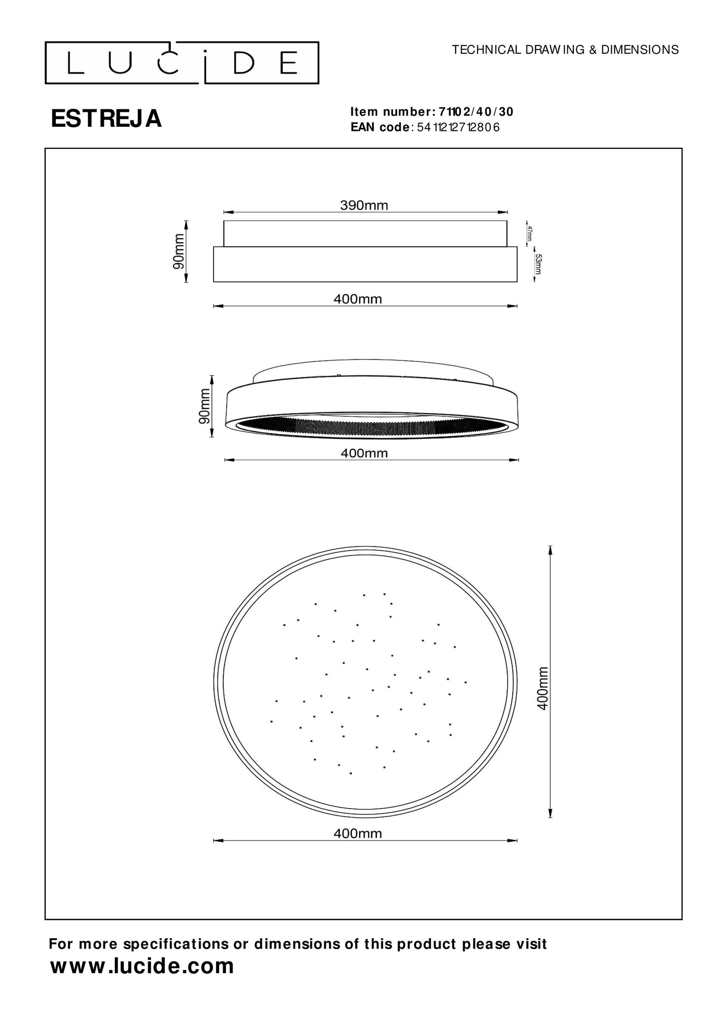 Lucide ESTREJA - Flush ceiling light - Ø 40 cm - LED Dim. - 2500K/3000K - Black