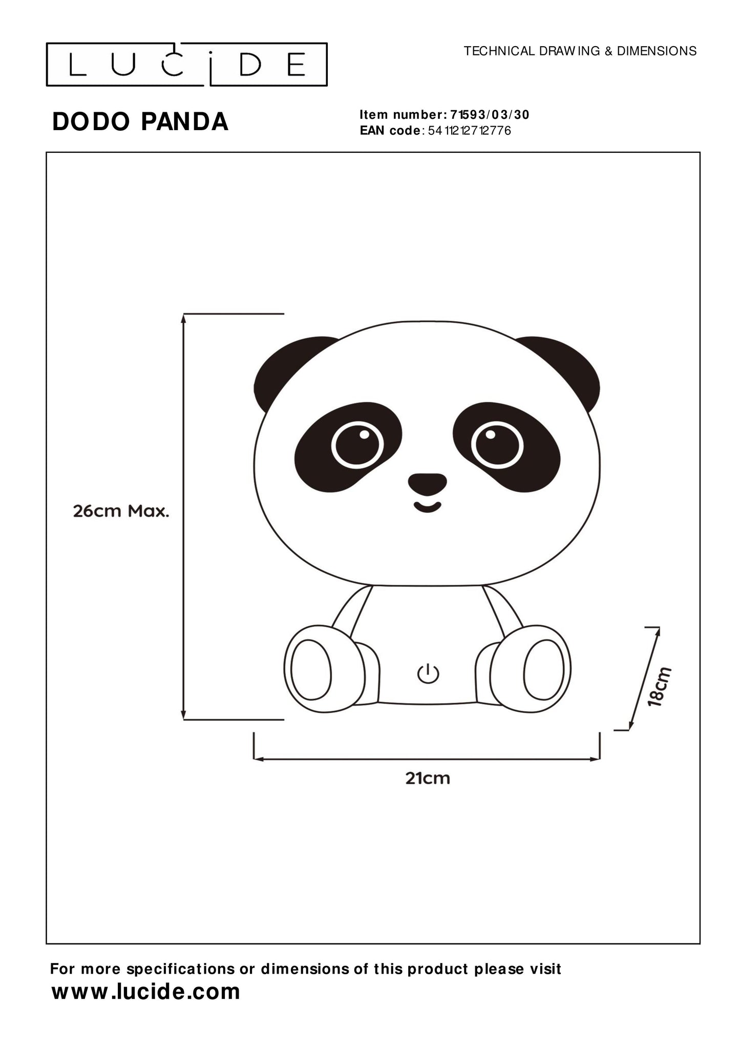 Lucide DODO PANDA - Table lamp Children - LED Dim. - 1x3W 4000K - 3 StepDim - Black