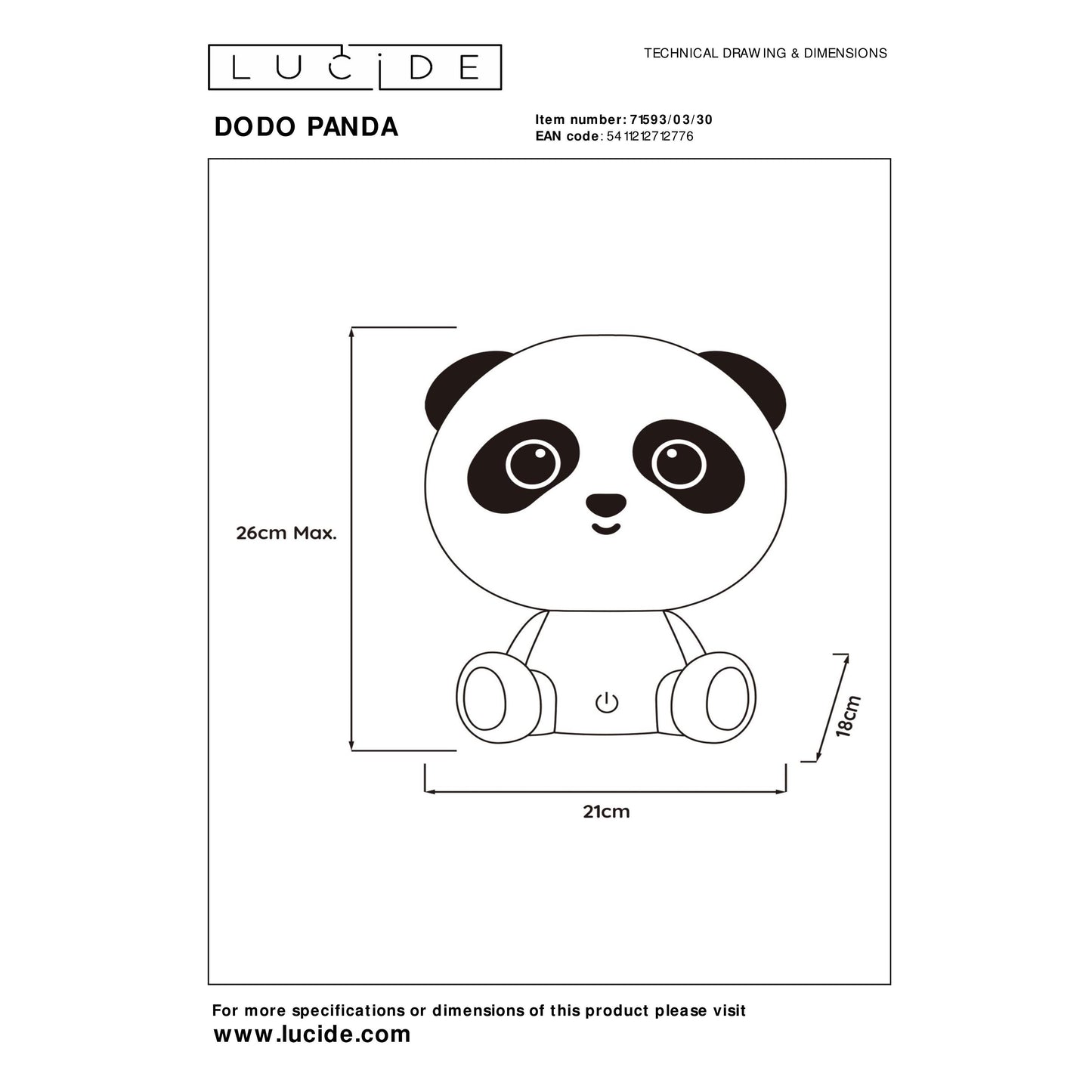 Lucide DODO PANDA - Table lamp Children - LED Dim. - 1x3W 4000K - 3 StepDim - Black