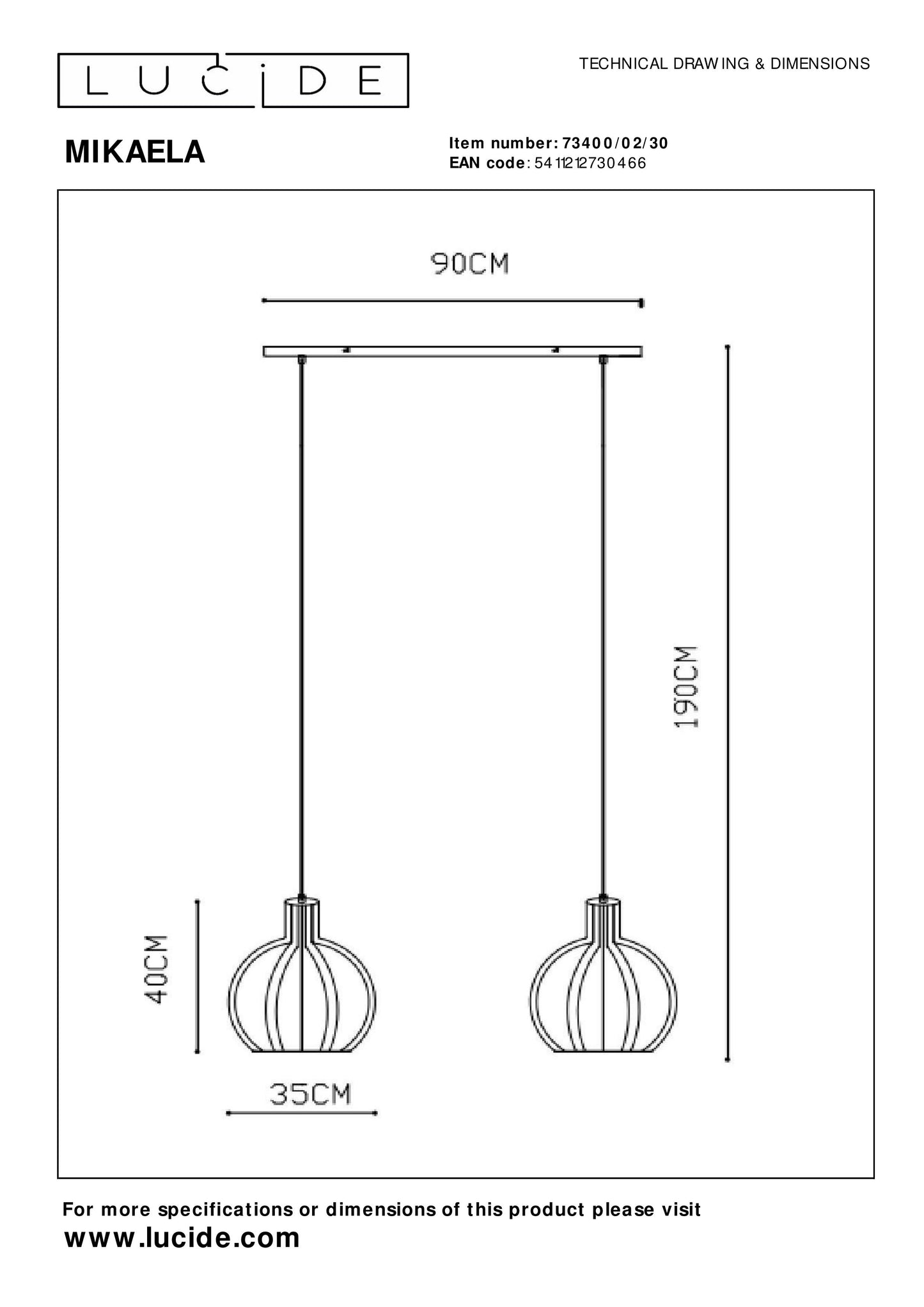 Lucide MIKAELA - Pendant light - 2xE27 - Black