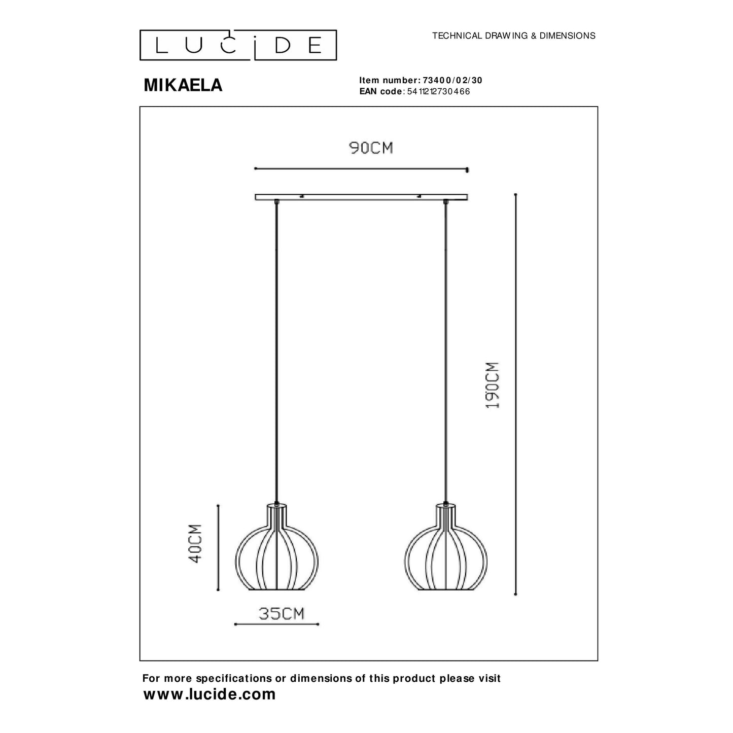 Lucide MIKAELA - Pendant light - 2xE27 - Black